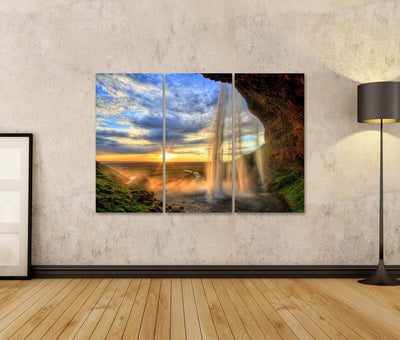 Bild auf Leinwand Seljalandfoss Wasserfall Bei Sonnenuntergang In HDR Island Wandbild Poster Kunstdr