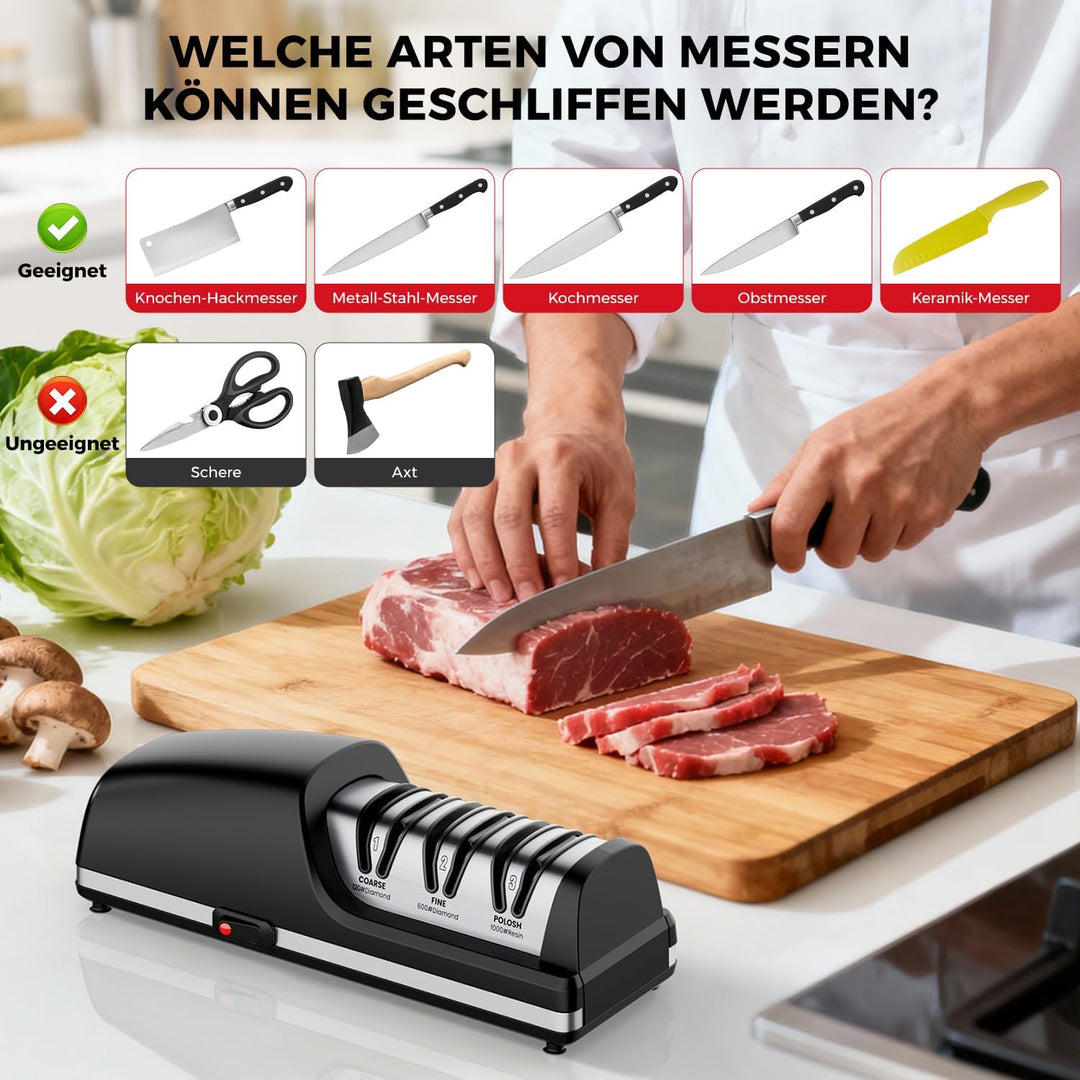 Professioneller Elektrischer Messerschärfer | Austauschbare Schleifköpfe | 100% Diamant-Schleifmitte