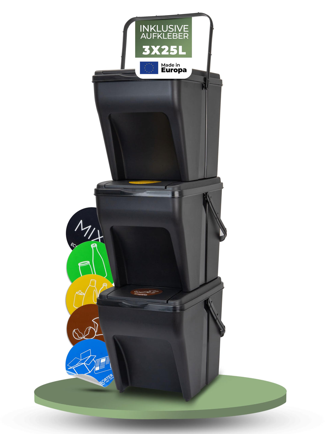 Novaliv Mülltrennsystem Set - 3x 25L Mülleimer Trennsystem - Mülleimer 4 Fächer - Mülltrennsysteme s