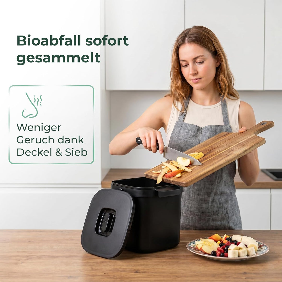 Novaliv Bio-Tischmülleimer 5L Schwarz 2er-Set mit Sieb, Komposteimer Küche mit Klappdeckel, Tragegri
