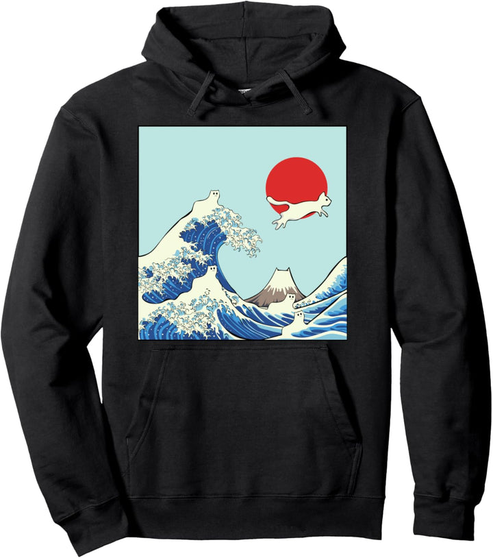 Grosse Welle Kawaii Katze Kätzchen Kanagawa Japanische Kultur Pullover Hoodie