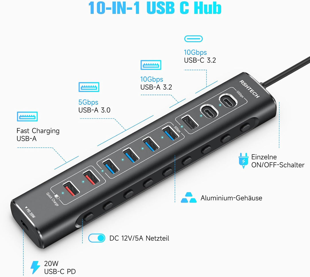RSHTECH Aluminum 10-Port USB C 3.0/3.2 Hub Aktiv mit Netzteil, 3 * 10Gbps USB 3.2 (2*Typ-C, 1*Typ-A)