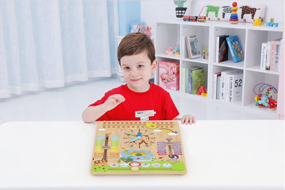 WoodyWood® Kalenderuhr für Kinder - Lernuhr aus Holz, zweisprachig, 30 X 30 cm - Montessori Jahresuh