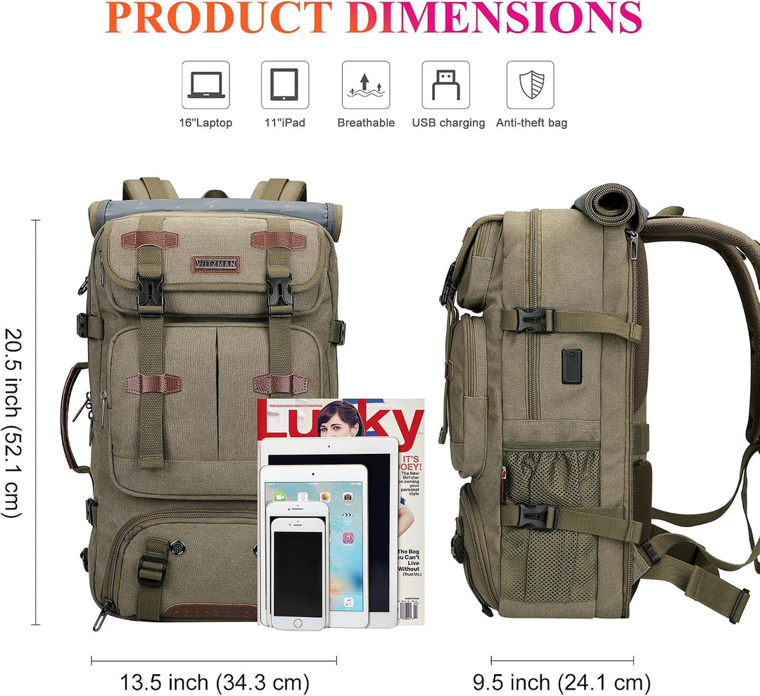 WITZMAN Reiserucksack Herren Gross 40L Canvas Vintage 3 in 1 Rucksack Fit 16 Zoll Laptop Rucksack fü