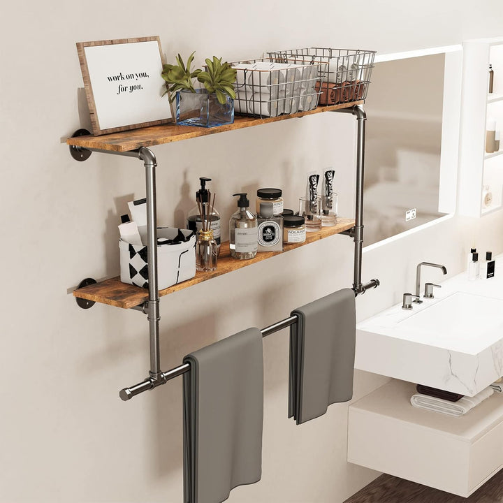 unho Kleiderstange zur Wandmontage, Wandgarderobe mit 2 Ablage im Industrierohrstil, Wandgarderoben