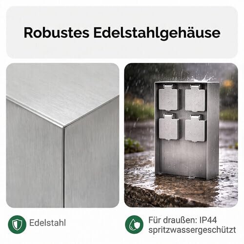 LED Universum Gartensteckdose aus Edelstahl, IP44 für aussen, 23cm (Silber 4-fach), Silber 4-fach