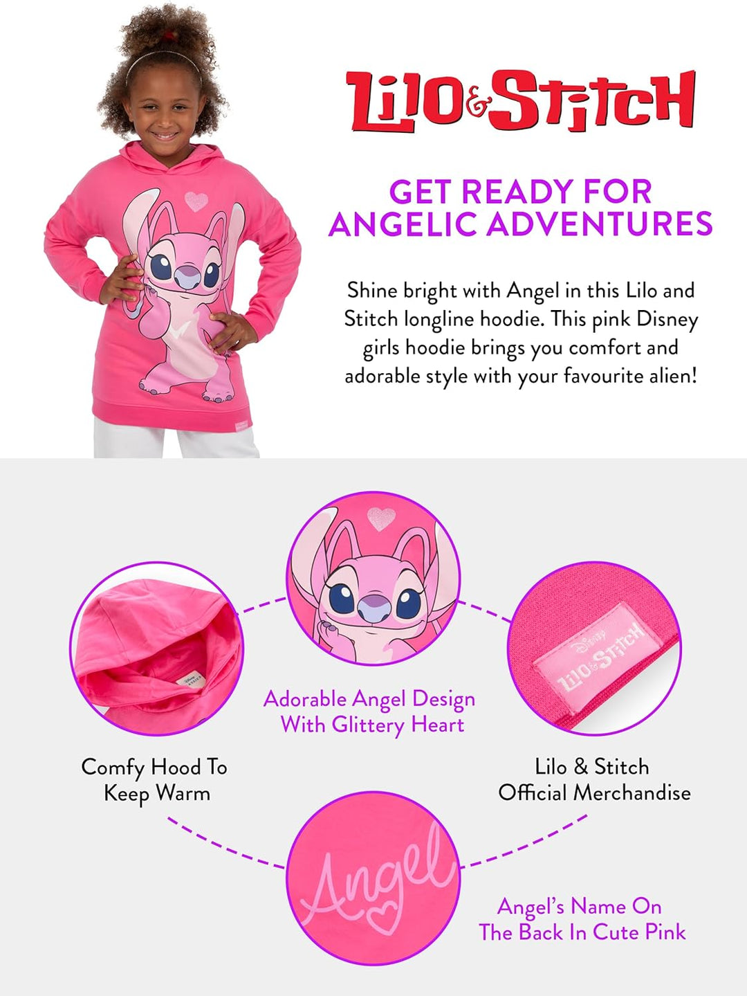 Disney Stitch Pullover | Angel Lang Kapuzenpullover Für Mädchen | Stitch Kleidung Mädchen| Offiziell