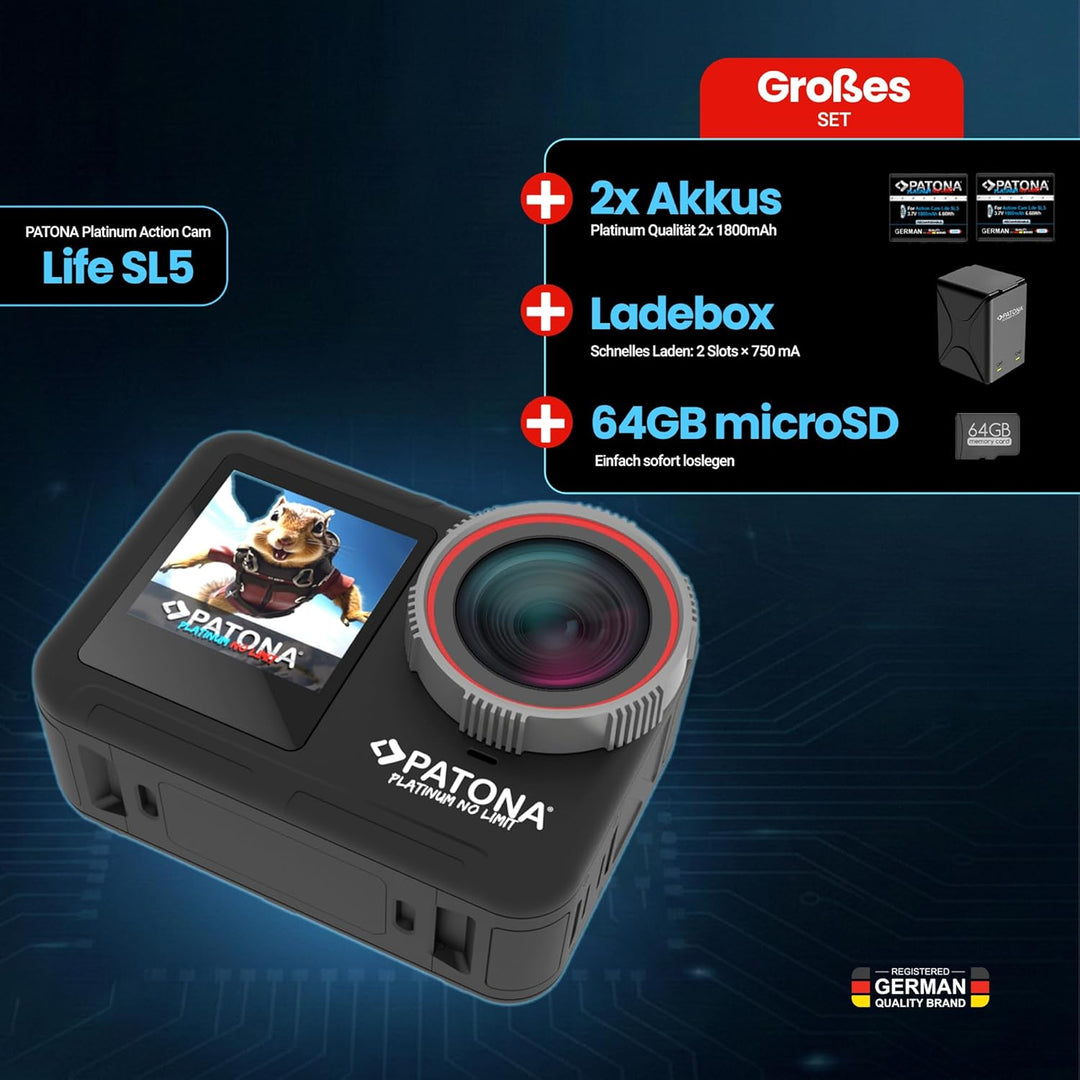 PATONA Action Cam Life SL5 | 6K 90fps 64MP EIS | 170° Weitwinkel Videokamera | Dual Screen Kamera |