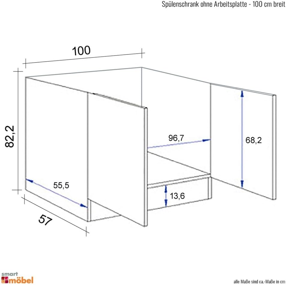 Spülenunterschrank 100 cm weiss ohne Arbeitsplatte – Küchenunterschrank mit 2 Drehtüren, 60 cm Tiefe