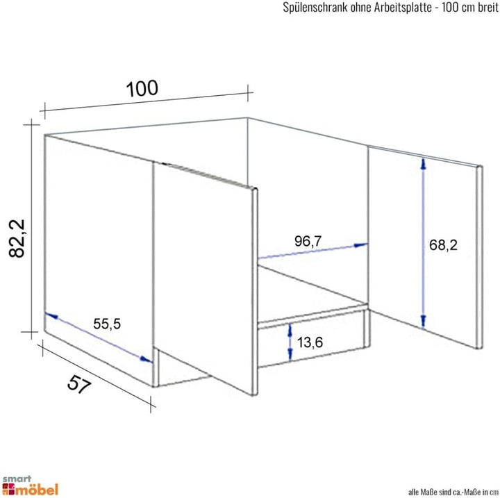 Spülenunterschrank 100 cm weiss ohne Arbeitsplatte – Küchenunterschrank mit 2 Drehtüren, 60 cm Tiefe