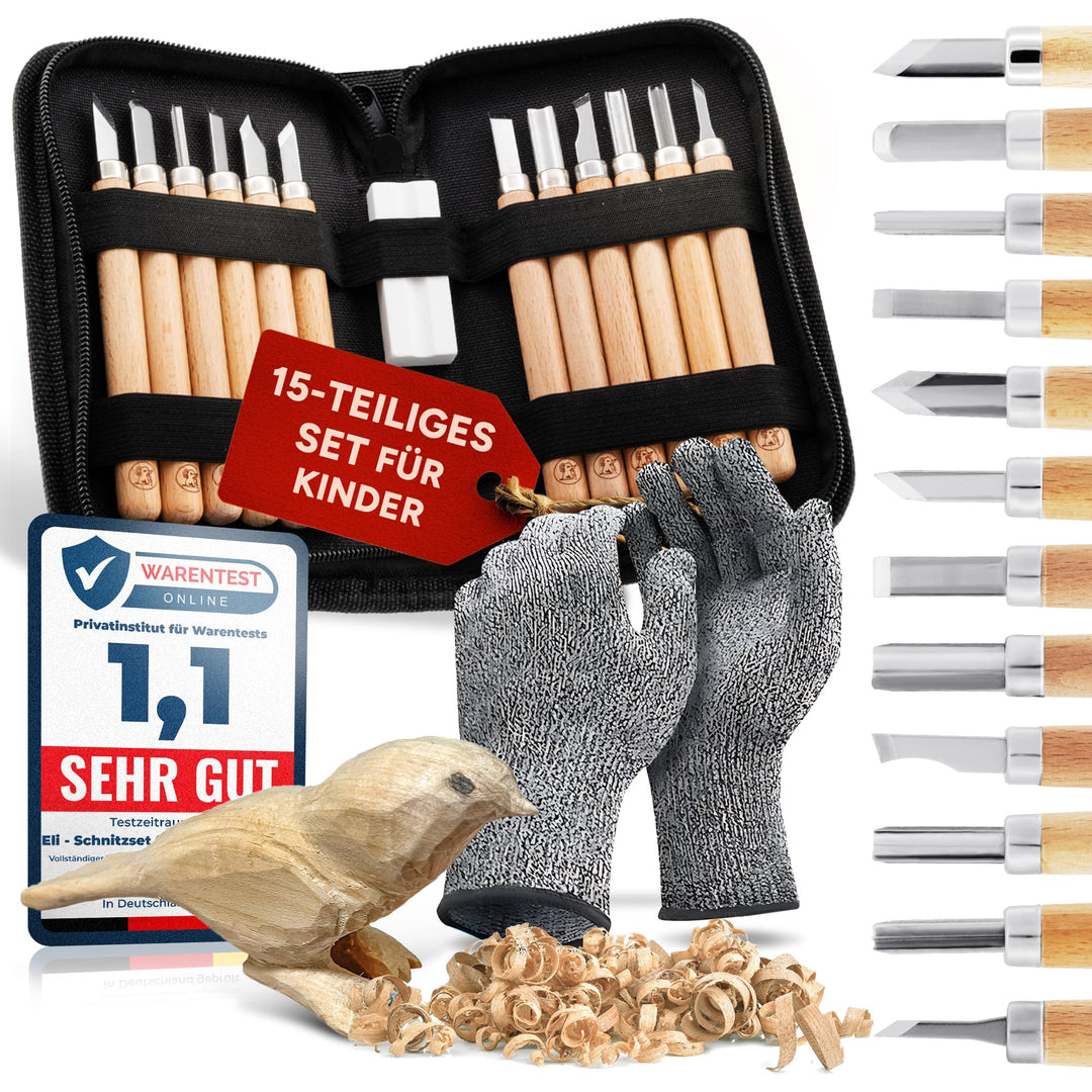 Eli® Schnitzset für Kinder (15-teilig) inkl. Handschuhe - Tasche und Schleifstein - 12 hochwertige S