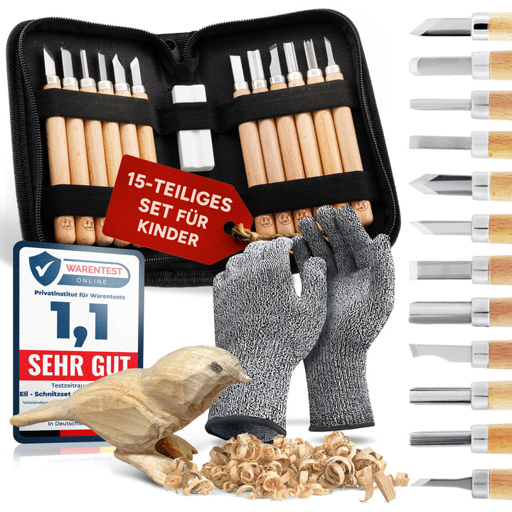 Eli® Schnitzset für Kinder (15-teilig) inkl. Handschuhe - Tasche und Schleifstein - 12 hochwertige S
