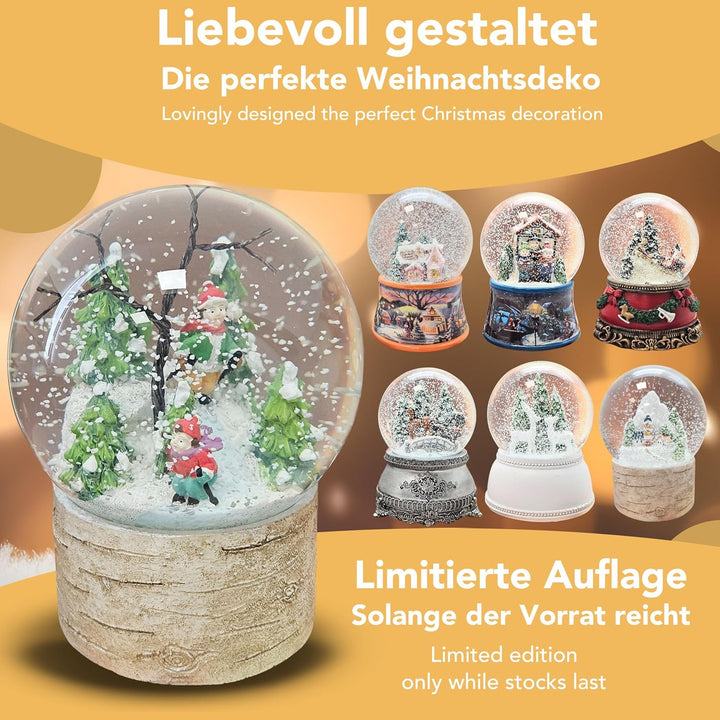Wintersport-Schneekugel | Skifahrer nostalgisch | Sockel Holz | 100mm breit, 120mm hoch | Bezaubernd