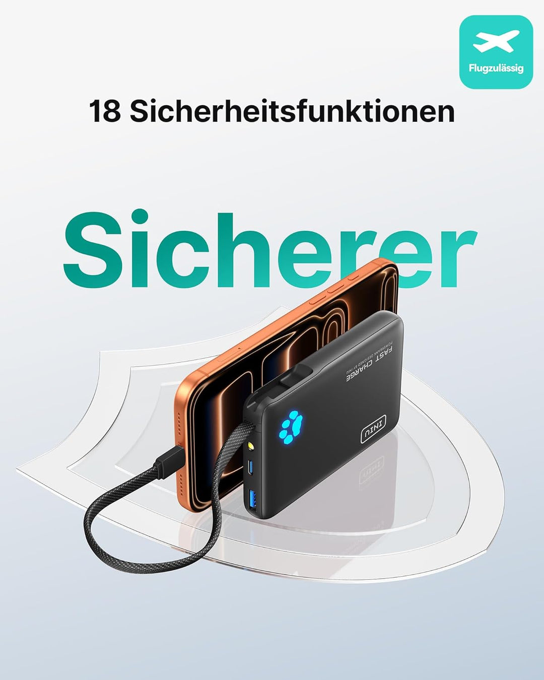 INIU 45W Power Bank, Mini-Grösse 10000mAh PowerBank mit Integriertem USB-C Kabel, Schnellladen Exter