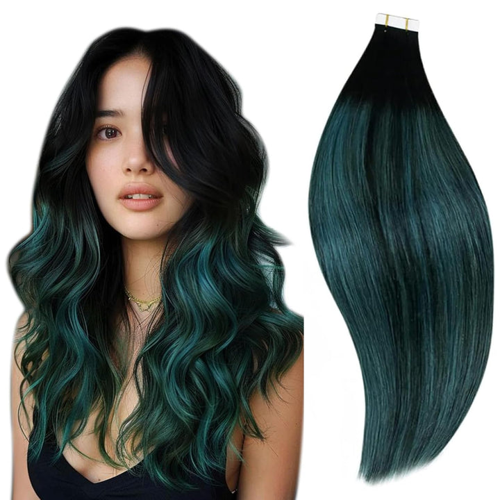 RUNATURE Tape in Extensions Echthaar 30cm Balayage Schwarz Green Ombre Kurz Haarverlangerung Echthaa
