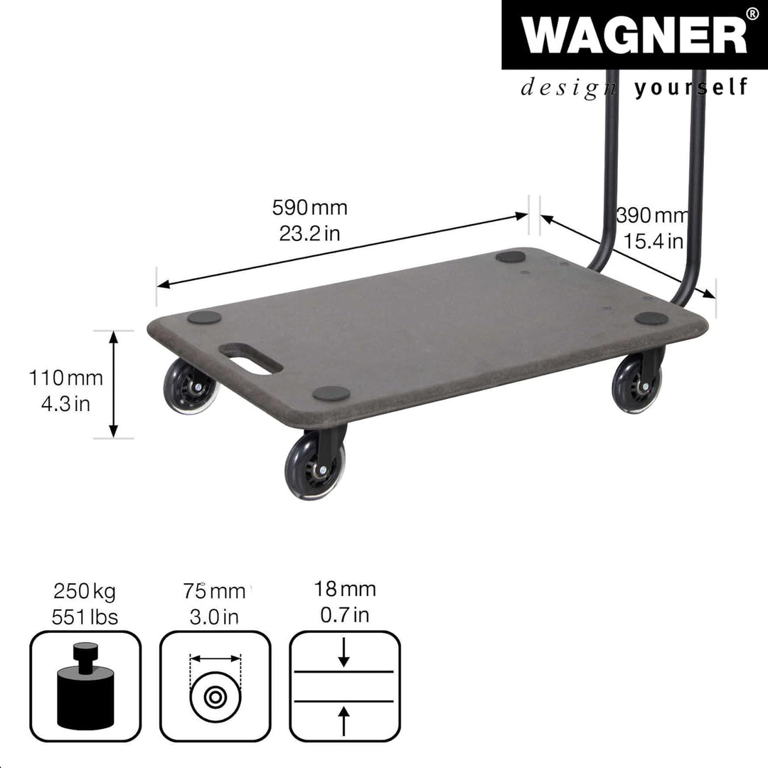 WAGNER Transportroller Transporthilfe I Rollbrett mit Bügel schwarz für Möbel aus MDF I 59 x 39 x 11