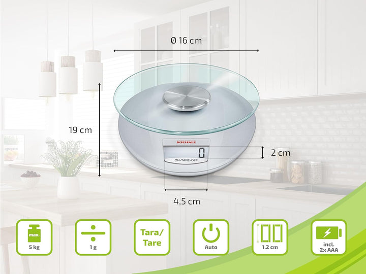 Soehnle Küchenwaage Roma mit 5 kg Tragkraft und 1-g-Wiegepräzision, Küchenwaage digital mit praktisc