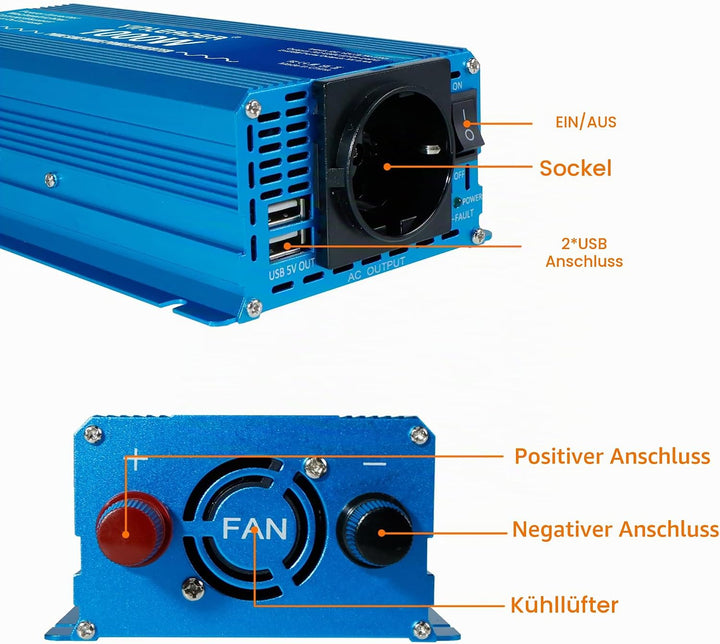 Yinleader Wechselrichter 1000W /2000W 12V 230V Reiner Sinus Spannungswandler mit 1 Steckdose 2 USB A