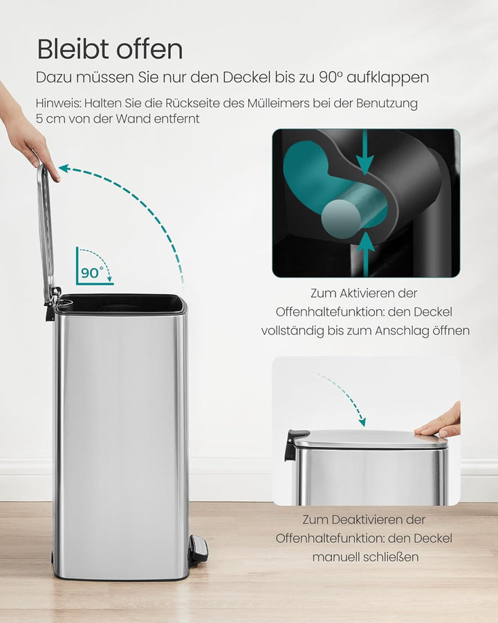 SONGMICS Mülleimer Küche, 30 Liter Abfalleimer, Tretmülleimer, Stahl, mit Inneneimer, Softclose, Off