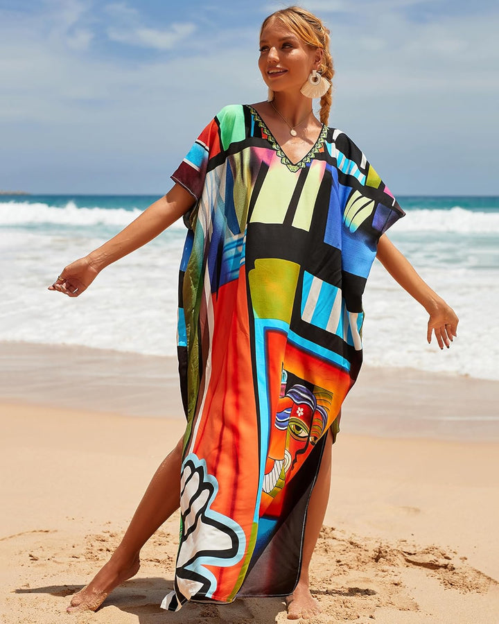 Bsubseach Lose Kaftan Kleider für Frauen Kurzarm Badeanzug Cover Up Casual Urlaub Outfits Bunt Geome
