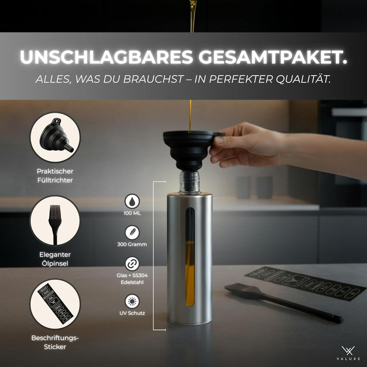 VALUXE® Ölsprüher für Speiseöl & Essig mit UV-Edelstahlmantel & Sprühfilter - Edelstahl Öl-Sprühflas