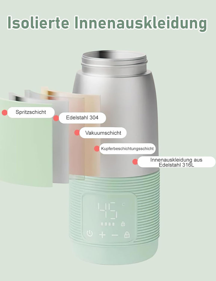 Tragbarer Flaschenwärmer, 500ml Flaschenwärmer Baby Unterwegs Präzise Temperaturkontrolle 37 Bis 55