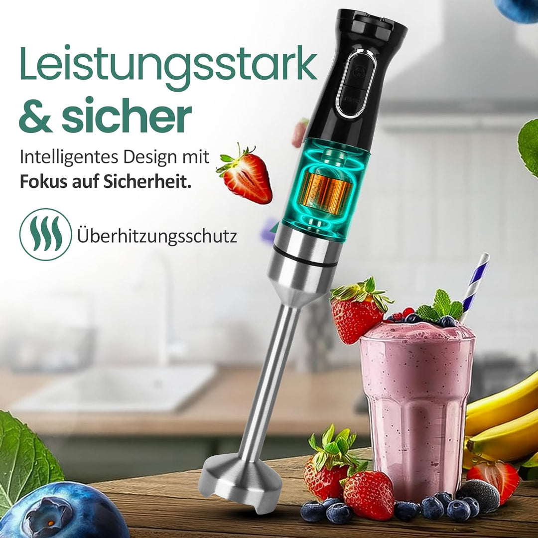 EMERIO Stabmixer mit kraftvollen 1000 Watt | Pürierstab (abnehmbar) und Messereinheit aus langlebige