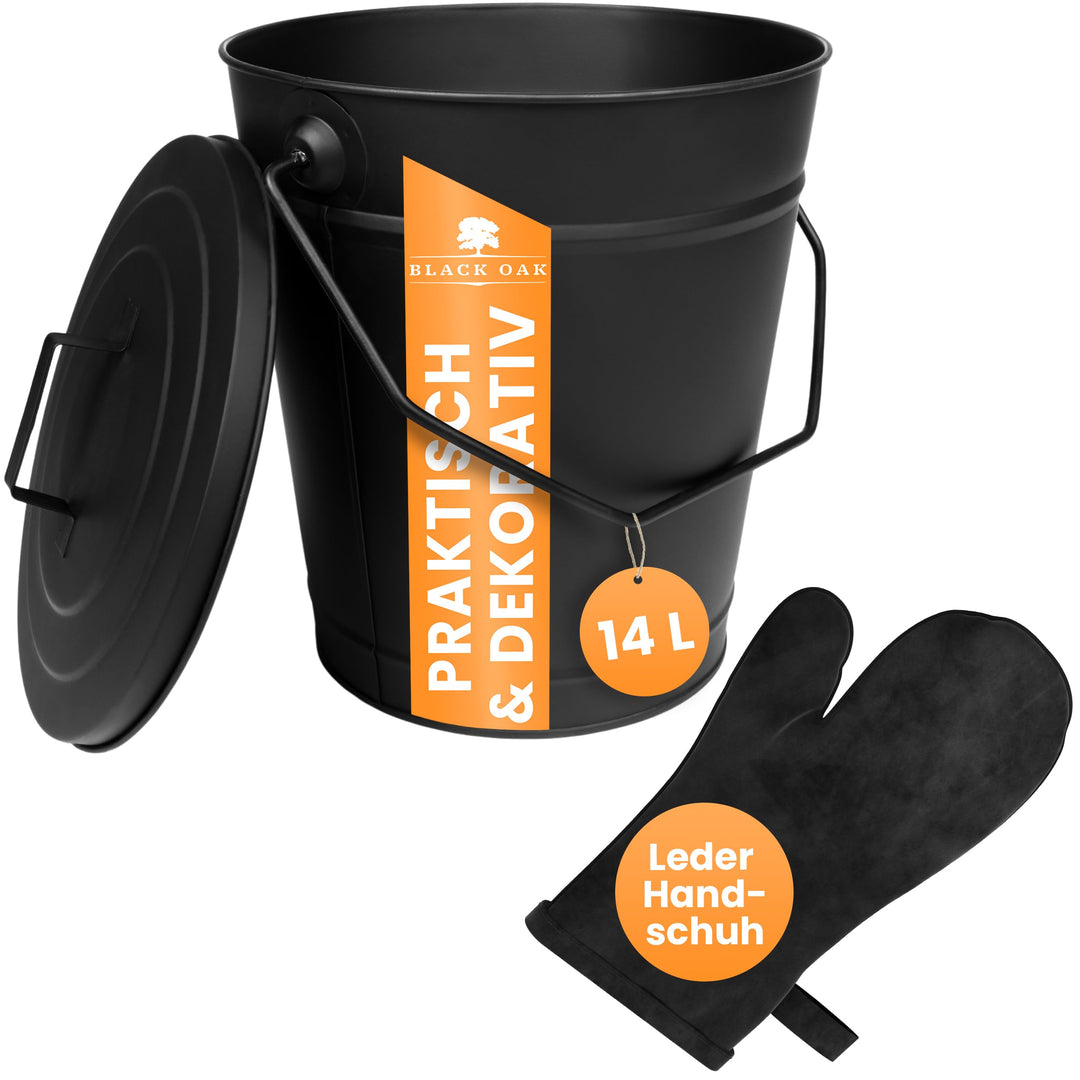 BLACK OAK Ascheeimer Etna 14L mit Lederhandschuh – schwarz mit Deckel - gross 14 Liter - Stahl feuer