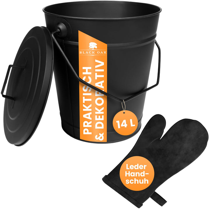 BLACK OAK Ascheeimer Etna 14L mit Lederhandschuh – schwarz mit Deckel - gross 14 Liter - Stahl feuer