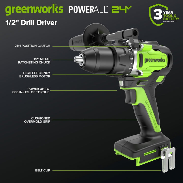 Greenworks 24V Bürstenloser Akku-Bohrschrauber 90 Nm, 21 Stufen, mit 4.0Ah USB-C Akku (24.000 mAh Po
