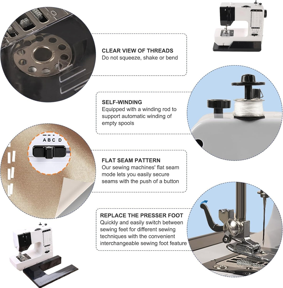 Mini Nähmaschine piqueuse Hochleistungs mit 38 integrierten Stichen, Nähmaschine mit ausziehbarem Ar
