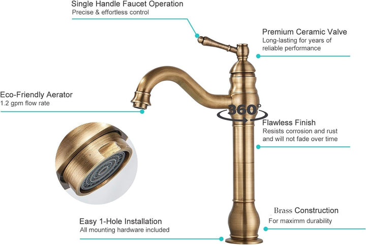 Rozin Wasserhahn Bad Antik Messing Arbeitsplatte Wasserhahn Hoch Waschtischarmatur 360°Schwenkbar Ei