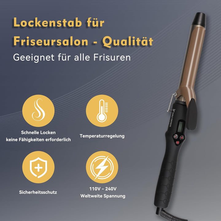 Professioneller Lockenstab mit LCD-Display, 30 Sek. Schnellaufheizung, 60°C–230°C, Keramik-Aluminium