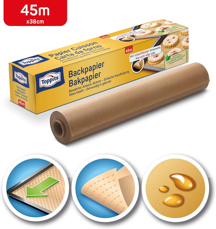 Toppits Backpapier - 1 x 45 m Rolle, Antihaft, mit Abreiss-Säge, Rutschfest, FSC zertifiziert, Ideal