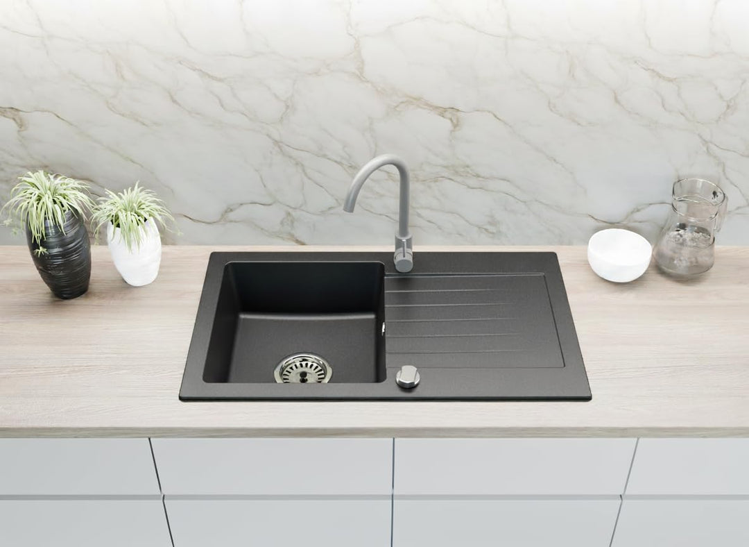 Faizee Möbel Granitspüle 76x44 Küchenspüle Eckig Spülbecken f. Unterschränke ab 45 cm inkl.Siphon Se