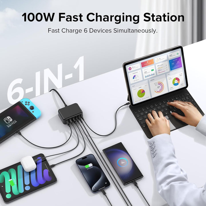 USB C Ladegerät, 100W 6-Port USB C Adapter Mehrfach Ladegerät mit USB-C und USB-A, Schnellladegerät