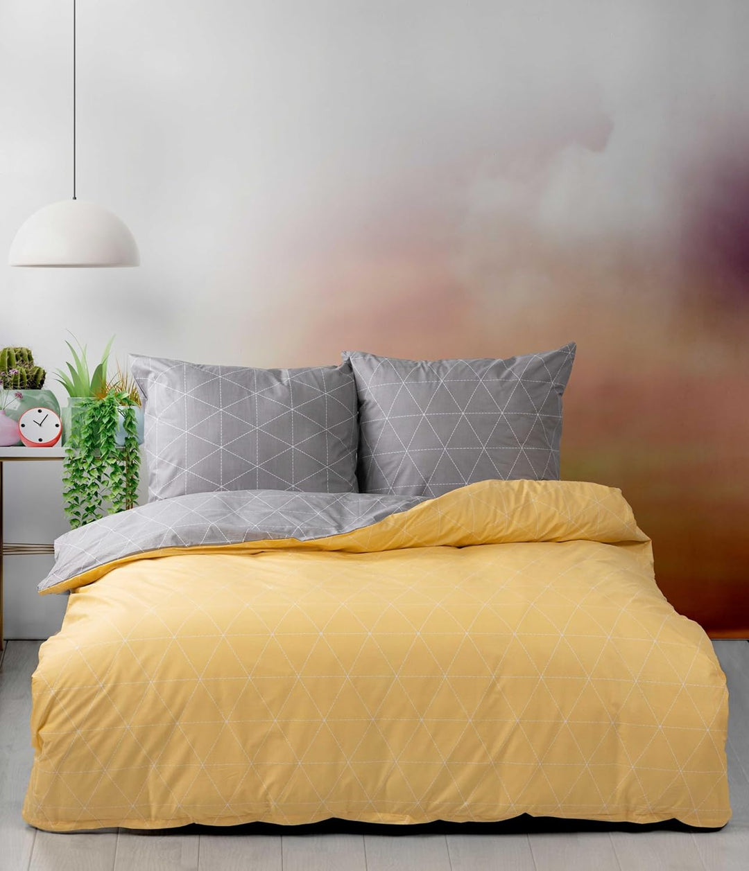 Visaggio Renforce Bettwäsche 240x220 cm Baumwolle Raute Grau Gelb Wendebettwäsche Garnitur Bezug Set