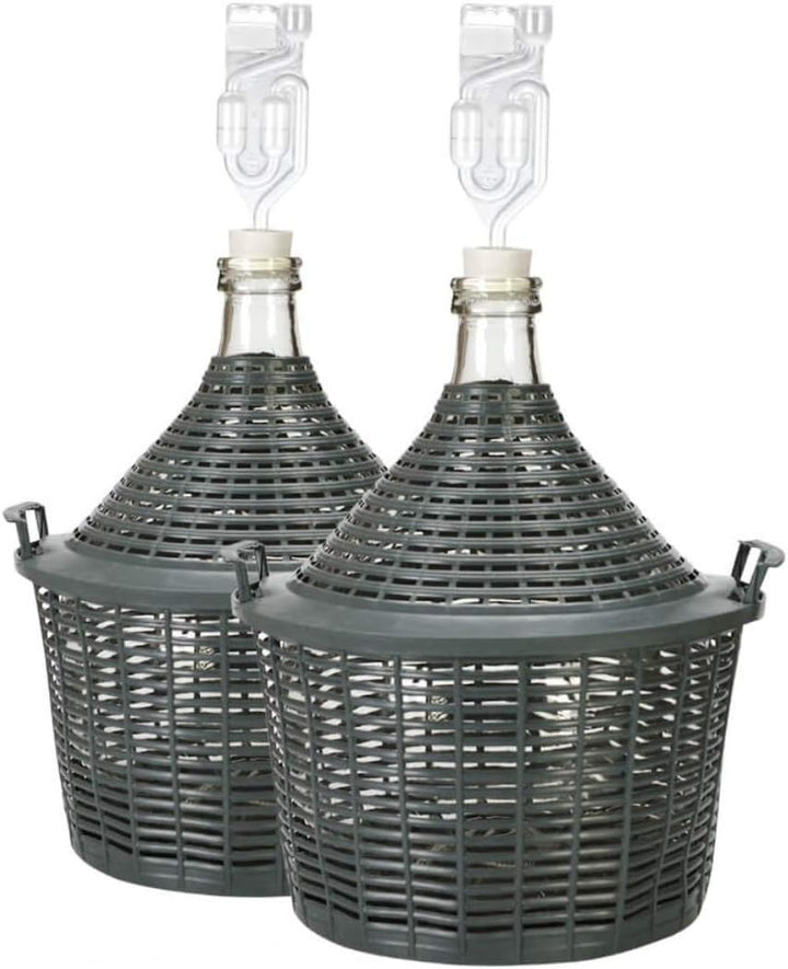 lilawelt24 2X 5 L Glasballon + Gummistopfen+GÄRRÖHRCHEN, Gärballon mit Kunststoffkorb, Weinballon, F
