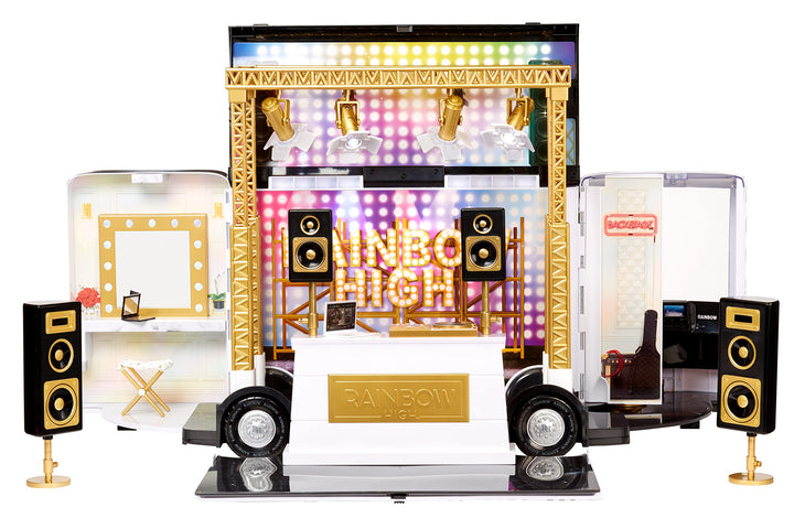 Rainbow High Rainbow Vision World Tour Bus & Bühne - 4-in-1-Deluxe-Spielset mit Lichtern — Inklusive