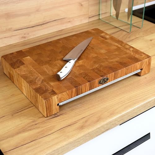 B4K® Profi-Küchenbrett-Set aus Eiche – Stirnholz Schneidebrett 40×30×6 cm mit Auffangschale + Hackbl