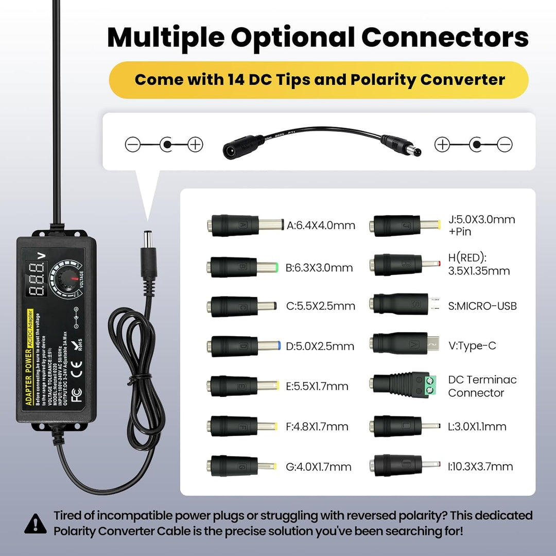 Universal Netzteil 72W, 3V-24V & 3A Max Einstellbare Spannung,100-240V AC/DC Netzteiladapter mit LED