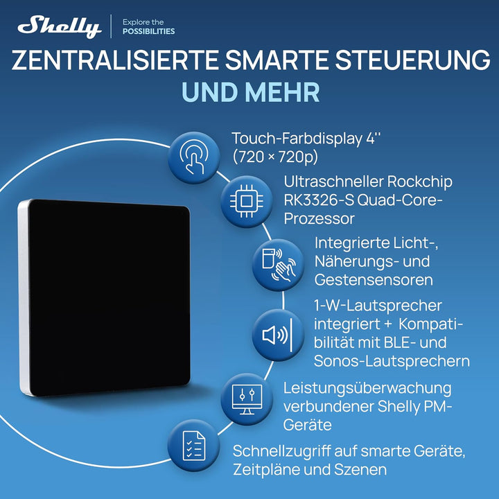 Shelly Wall Display X1i Silber - Smarte Bedienzentrale mit 4" Touchscreen, Integriertes Relais, Lich