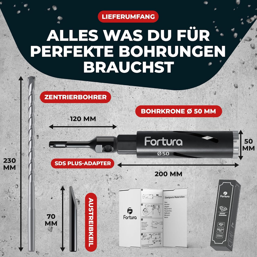 Fortura Kernbohrer/Bohrkrone Ø50-162mm / 200mm Länge/SDS Plus/Dosenbohrer/Diamantbohrkrone/Bohrkrone
