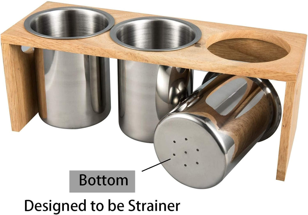 IMEEA Besteckhalter Küchen Utensilienhalter aus SUS304 Edelstahl und Baumholzbasis (3-teilig) 30,5 L