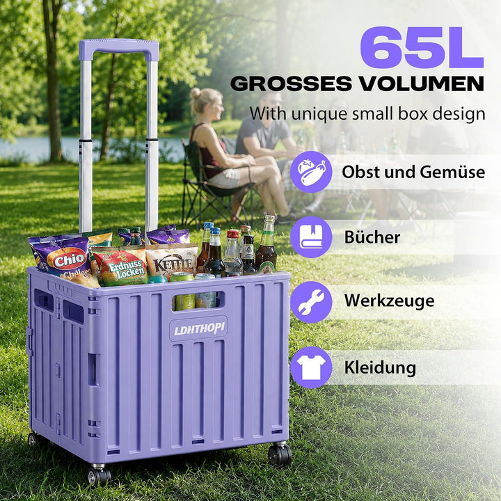 LDHTHOPI Einkaufstrolley klappbar, Violett, 65L, MAX 50KG | Teleskopgriff, 4 zerlegbare drehbare Räd