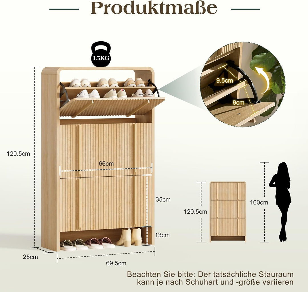 LUXOAK Schuhschrank mit 3 Klappen, Verstellbare Trennwände & Anti-Kipp-Sicherung, Abgerundete Ecken,