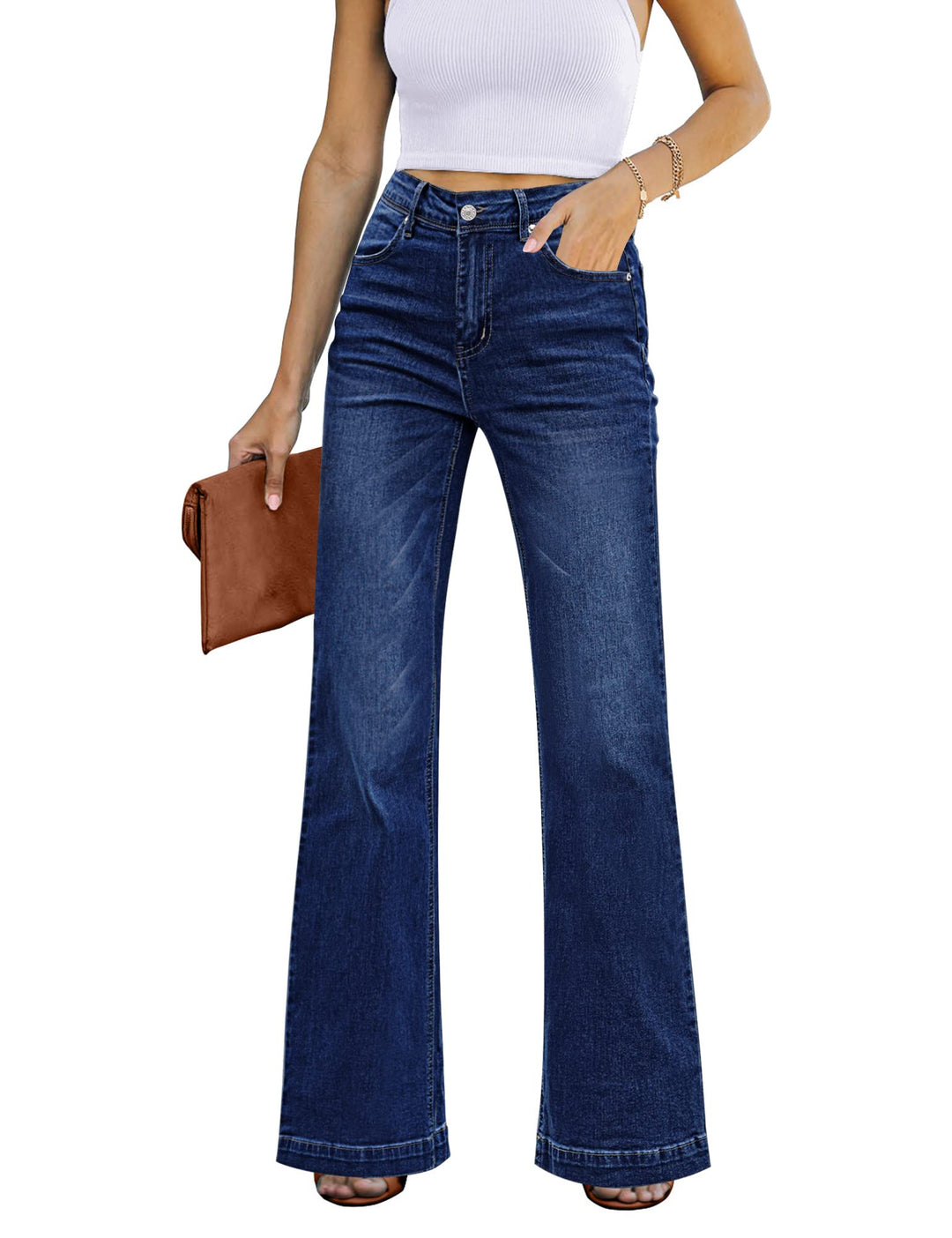Roskiky Schlaghose Damen High Waist Wide Leg Baggy Jeans Stretch Hosen L Tiefblau, L Tiefblau