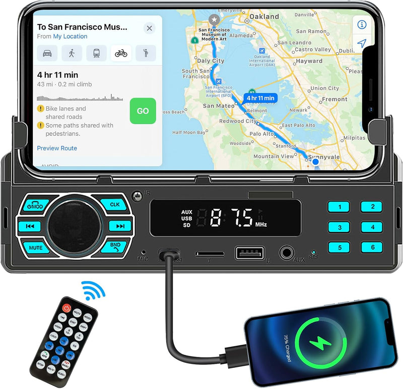 Podofomit Autoradio 1 DIN Stereo mit Handyhalterung Bluetooth 5.1 Freisprecheinrichtung, 12V Autorad
