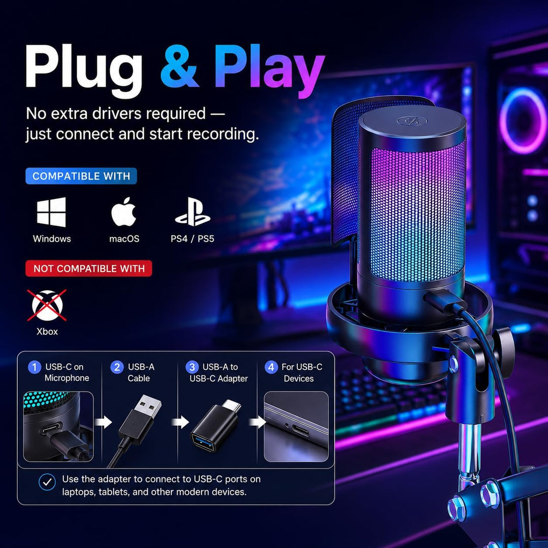 Anykuu USB Gaming Mikrofon Plug&Play Kondensator Mikrofon PC für Gaming Streaming Podcasting Videoko