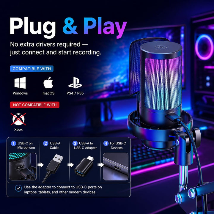 Anykuu USB Gaming Mikrofon Plug&Play Kondensator Mikrofon PC für Gaming Streaming Podcasting Videoko